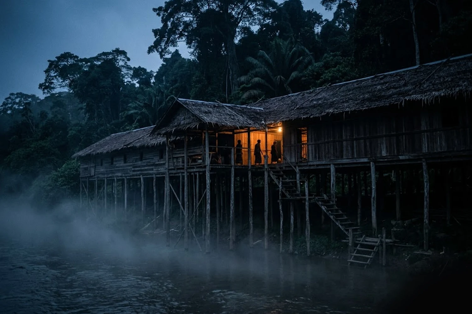 A traditional Iban longhouse raised on stilts at dusk, river mist and a warm glow from within