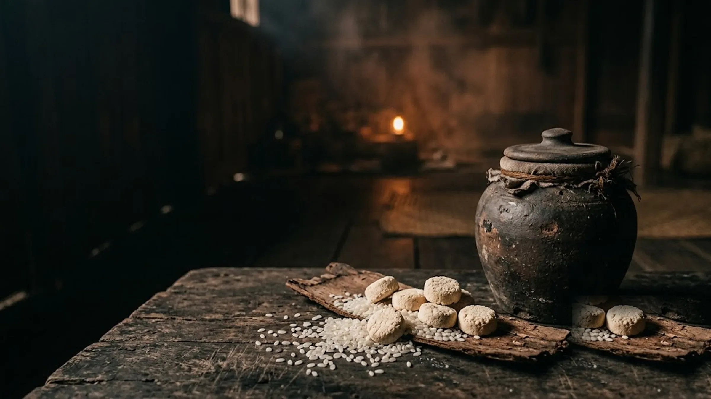 Glutinous rice and ragi beside a traditional earthenware tuak fermentation jar