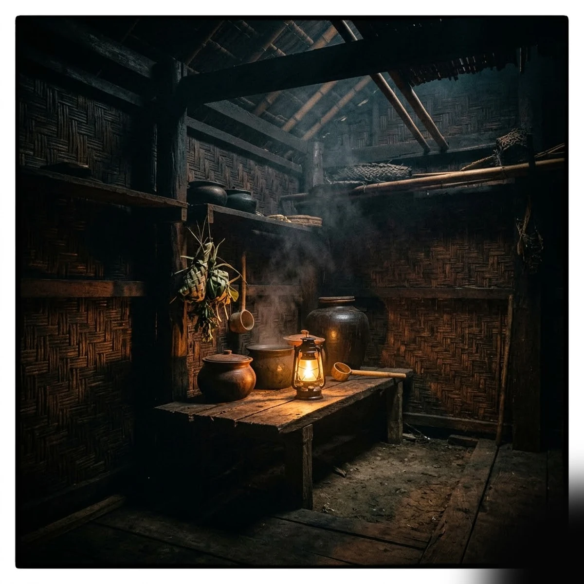 A traditional longhouse fermentation room at night, lit by a single oil lamp