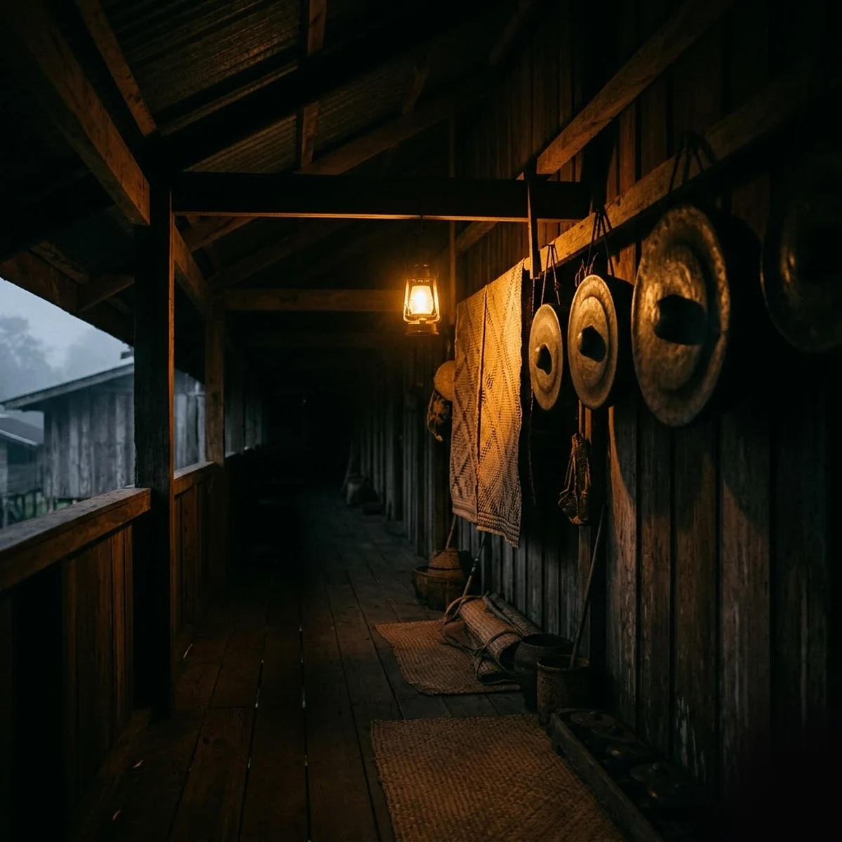 A longhouse communal gallery at night during Gawai, woven mats and brass gongs in firelight
