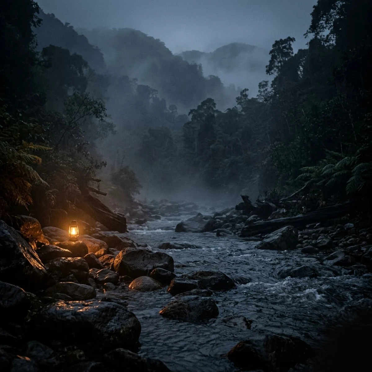 A misted highland Sarawak valley over dark stones at first light